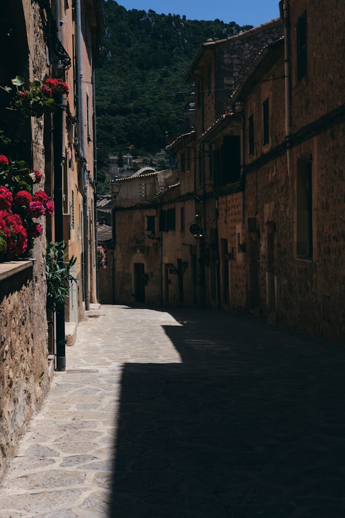 A narrow alleyway with rustic buildings and vibrant flowers in a Mediterranean village.